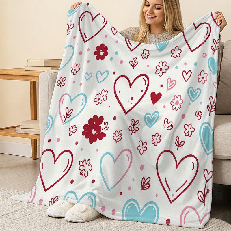 Soft Flannel Throw Blanket High-Density Velvet Feel with Love & Flower Pattern, Warm Cozy for Home, Perfect Valentine's Day Gift
