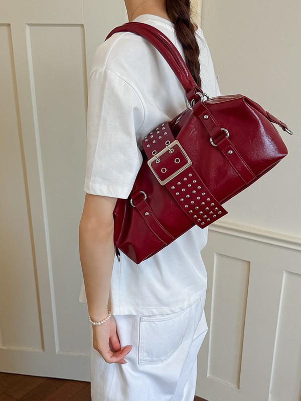 2026 Spring/Summer White Studded Women's Motorcycle Style Handbag - Versatile Crossbody & Handheld Bag