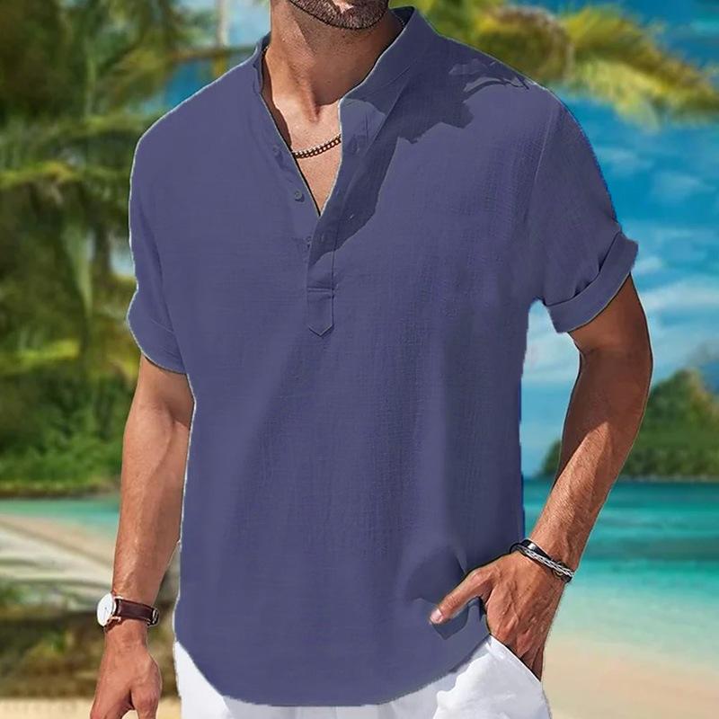 

2024 Чоловічі лляні сорочки з короткими рукавами Повсякденна літня однотонна однотонна сорочка США розмір L темно-синього кольору