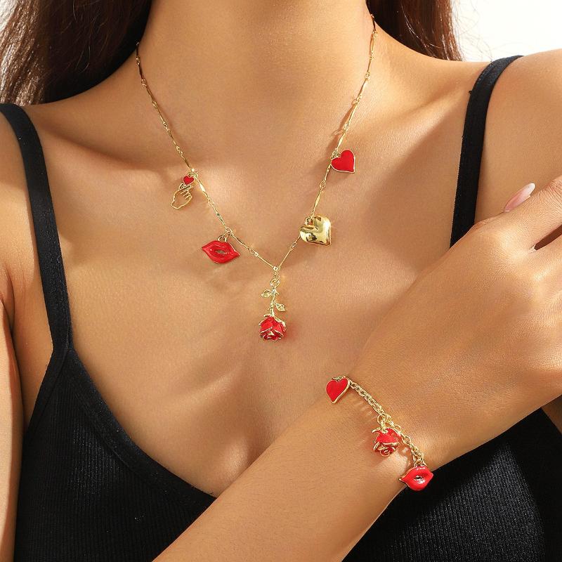 2 Pieces/set of Personalized Heart-shaped Lip Flower Necklace Bracelet, Suitable for Ladies' Valentine's Day Party Gifts