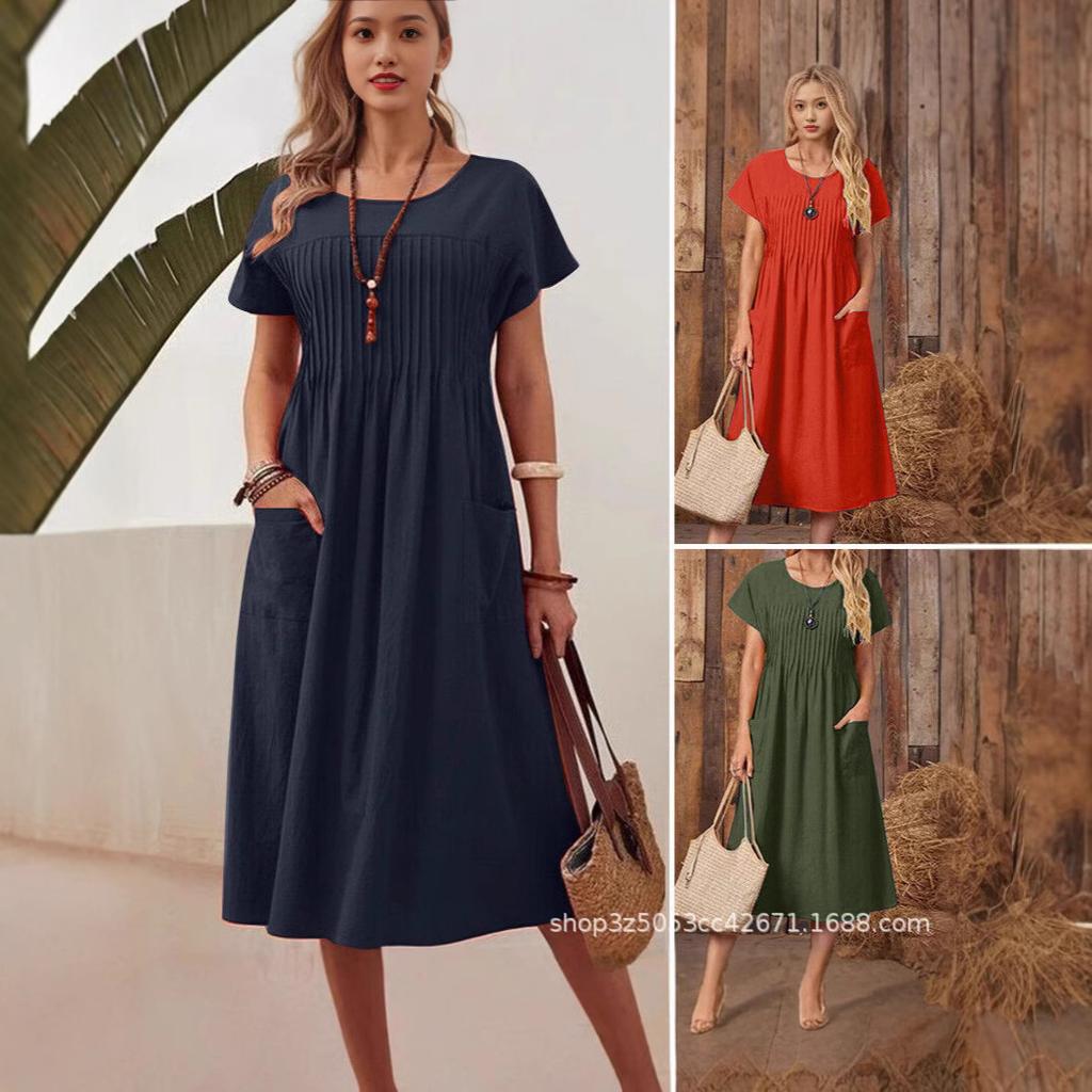 Nouvelle robe d'été grande taille pour femme, décontractée, col rond, avec poches, coupe ample, en coton et lin