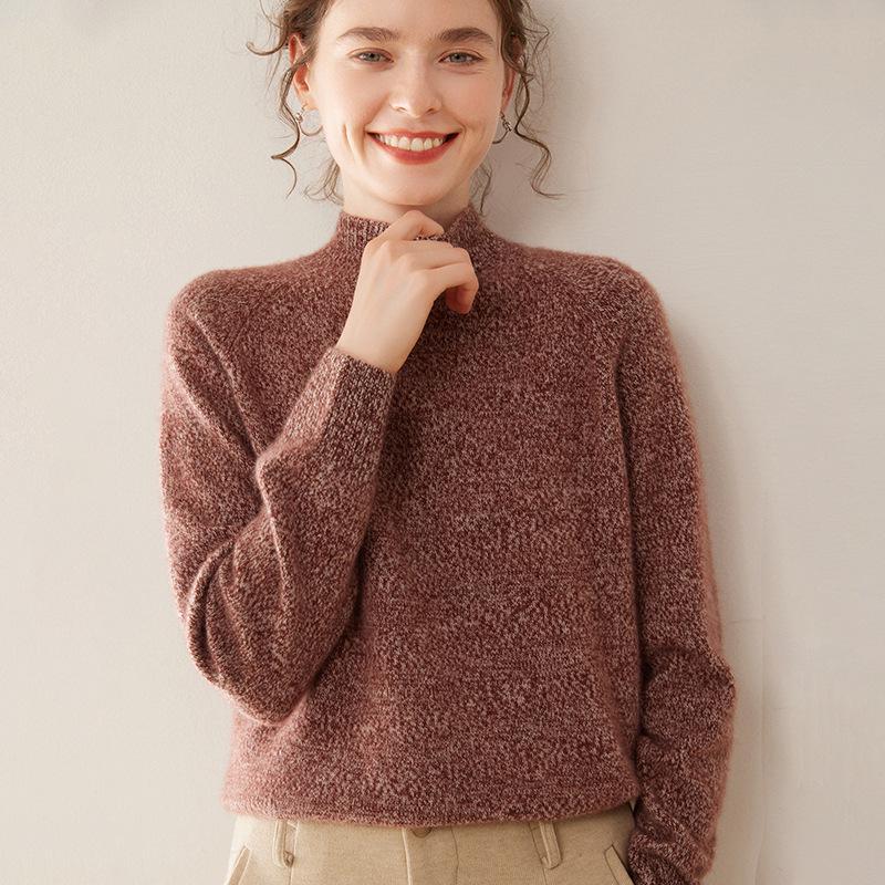 Women's Cashmere Floral Raglan Sweater, Double-Ply, Half-High Collar, Luxurious Knit