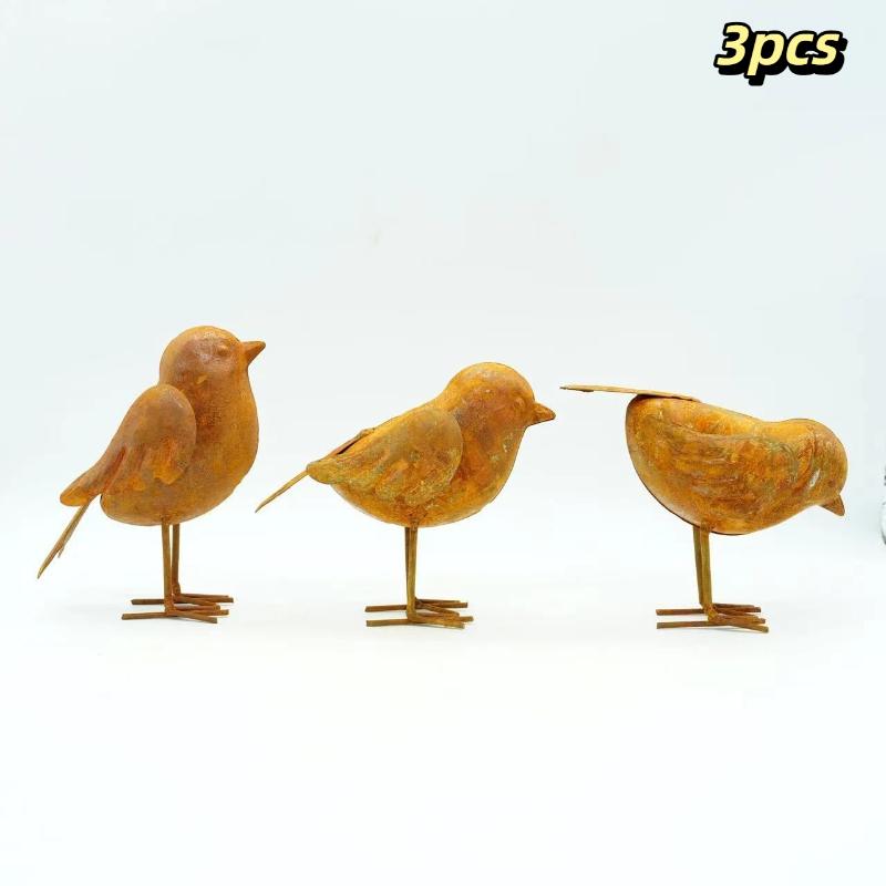 Rusty Metal Bird Figurine Set 3 Pcs Vintage 3D Sculpture Farmhouse Style for Living Room Shelf Art Decor Gift
