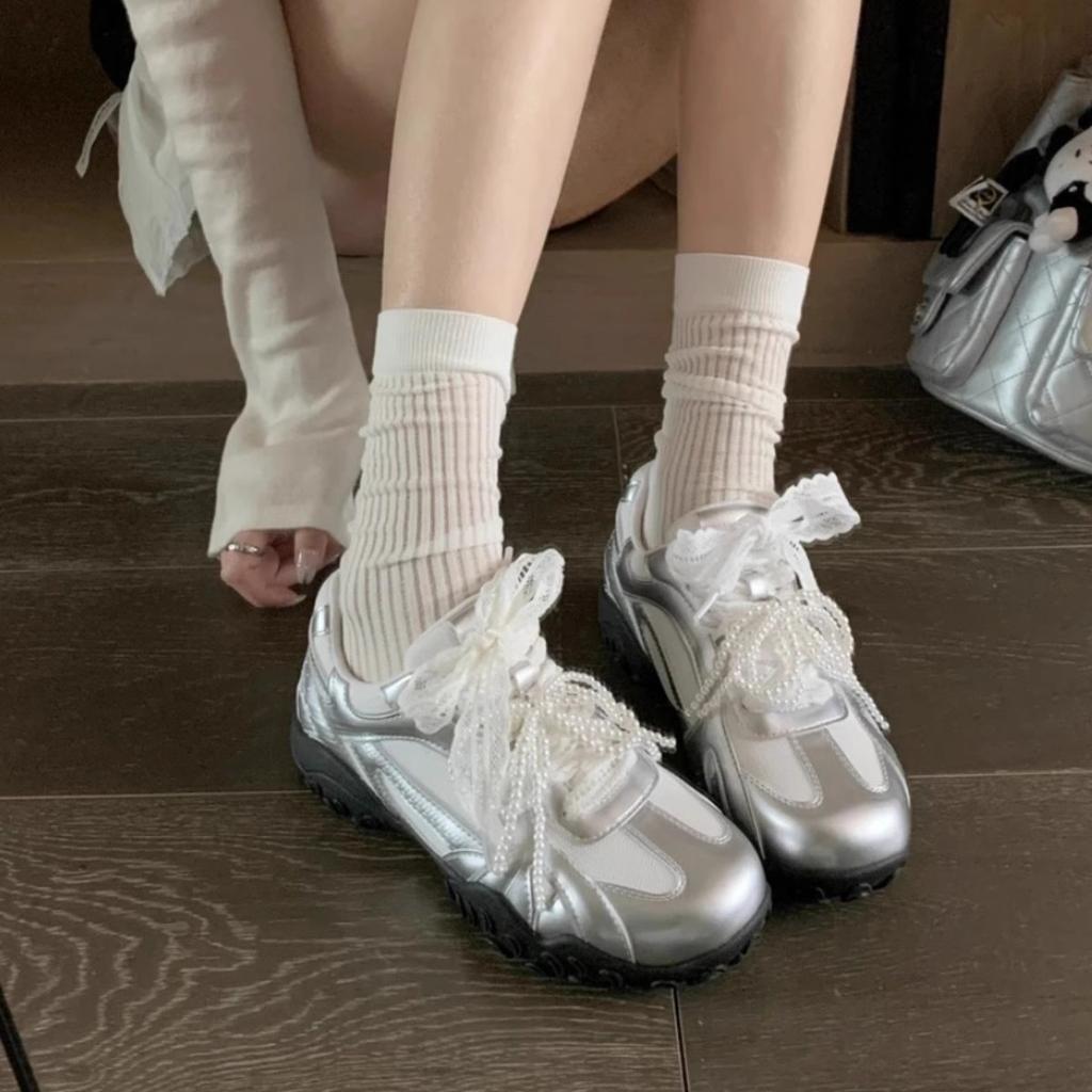 2025 Spring New Lace Pearl Mandarin Duck with Platform Sole Women's German Training Forrest Gump Shoes Korean Versatile Age-reducing Casual Shoes