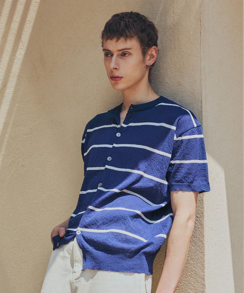 Nodu Summer Striped Round Short Sleeve Cardigan [Blue]