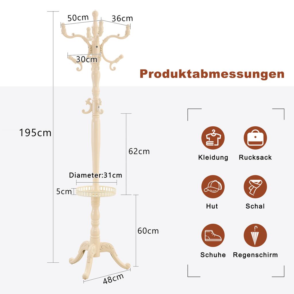 Give Your Home Elegance: Versatile European Coat Rack In Cream-White Solid Wood – Multi-Level, Sturdy, Easy To Assemble and with Non-Slip Feet.
