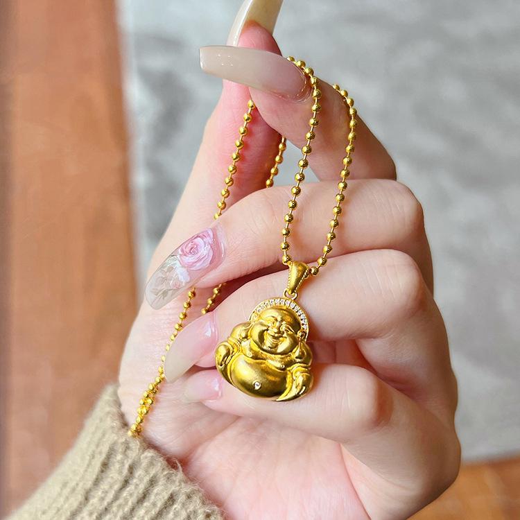 Diamond-Encrusted Smiling Maitreya Buddha Pendant Necklace - Gold With Sand Inlaid Diamonds, Women's Collarbone Chain