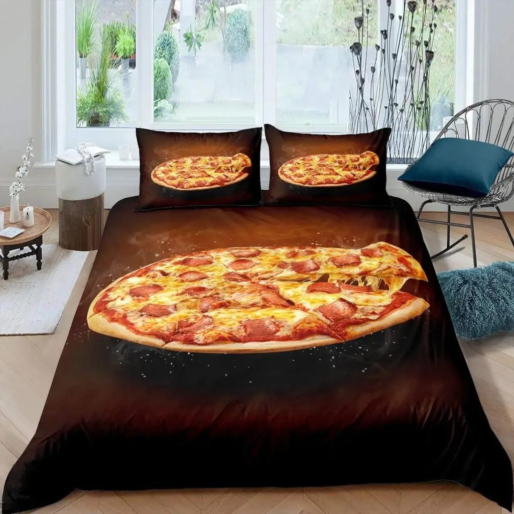 Pizza Bettbezug-Set Käsepizza Bettwäsche-Sets Pepperoni Nudeln Bettdeckenbezug-Set Full Queen Größe Lebensmittel-Thema Gesteppte Decke