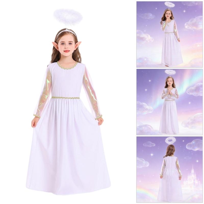Elegant Long Sleeve Angel Dress With Gold Edging And Wing Attachments Costume Outfit Ideal For Stage Performances