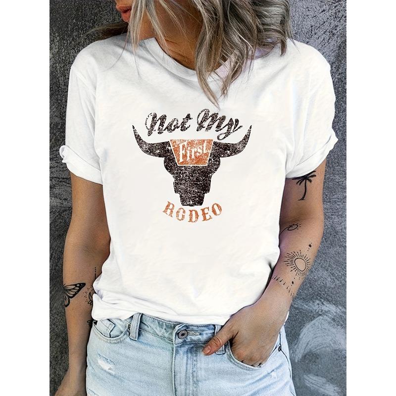 

European Size Rodeo Cow Head Print T-shirt, Casual Crew Neck Short Sleeve T-shirt, Women s Clothing S белый