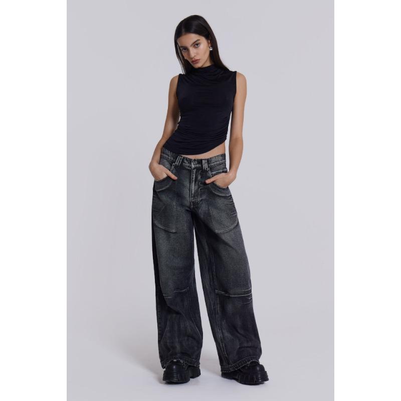 Women's New Washed and Aged Gradient Wing Print Retro Loose Wide Leg Jeans Sub