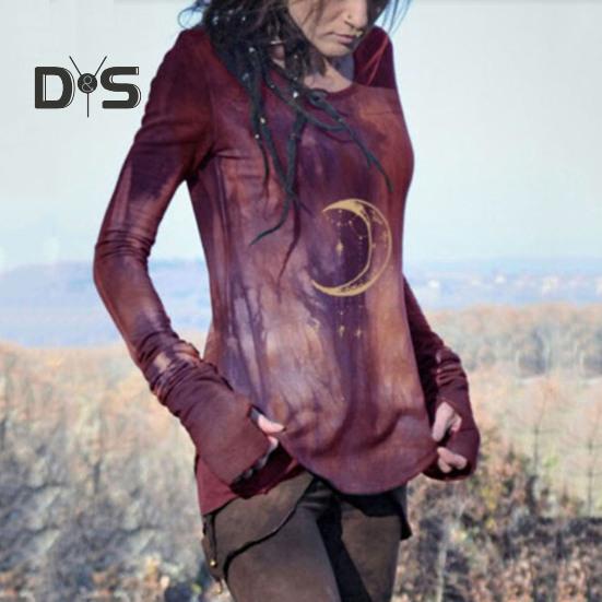 Damer Topper Rund Hals Langermet Månetrykt Skjorte Slim Fit Middels Lengde Elastisk T-skjorte Hverdagsklær