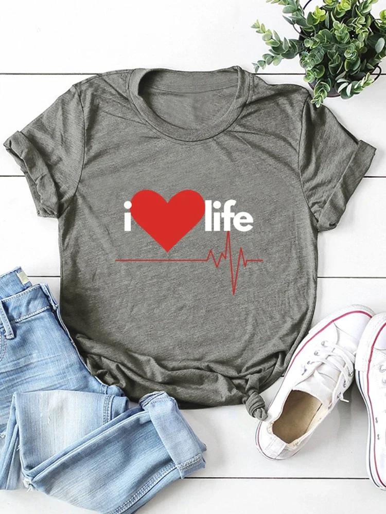 I Love Life Heart Print Women T Shirt Short Sleeve O Neck Loose Women Tshirt Ladies Tee Shirt Tops Clothes Camisetas Mujer