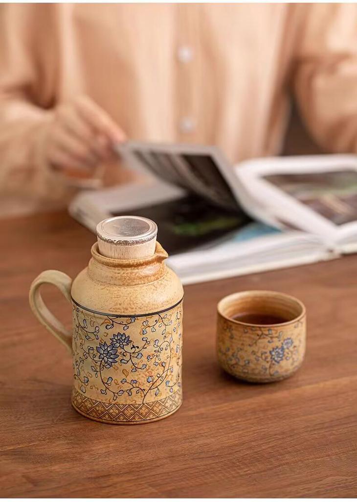 Ancient Lotus Woven Stem Thermos & Teacup Set - Ceramic Insulated Pot with Retro Mute Design, Ideal for Business Gifts and Souvenirs.