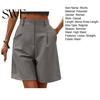 Lady Commute Shorts Summer Women Elastic High Waist Loose Side Pockets Straight Above Knee Length Soft Solid Color Breathable Daily Casual Business
