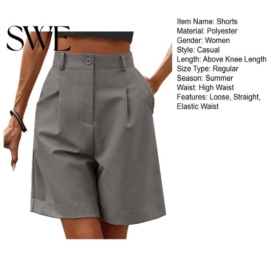 Lady Commute Shorts Summer Women Elastic High Waist Loose Side Pockets Straight Above Knee Length Soft Solid Color Breathable Daily Casual Business