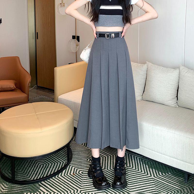 Elegant High-Waisted A-Line Pleated Skirt - Mid-Length, Slimming, Fashionable Niche Design