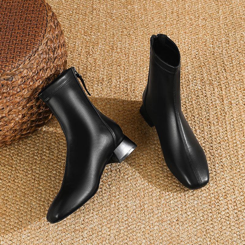 French small short boots women's spring and autumn single boots 2024 new low-heeled medium boots temperament square head thick heel thin boots