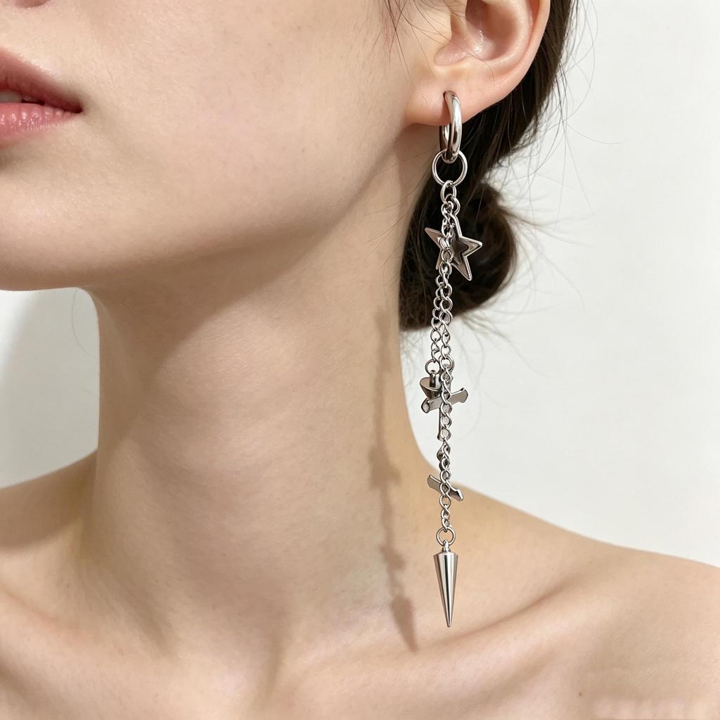 Stainless Steel Asian-Style Star Tassel Earrings - Unisex Long Hoop Studs