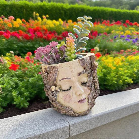 Handmade Girl Face Stump Planter 5" Resin Head Tree Stump Flower Vase with Drainage Hole for Outdoor Garden Patio Desk Decor