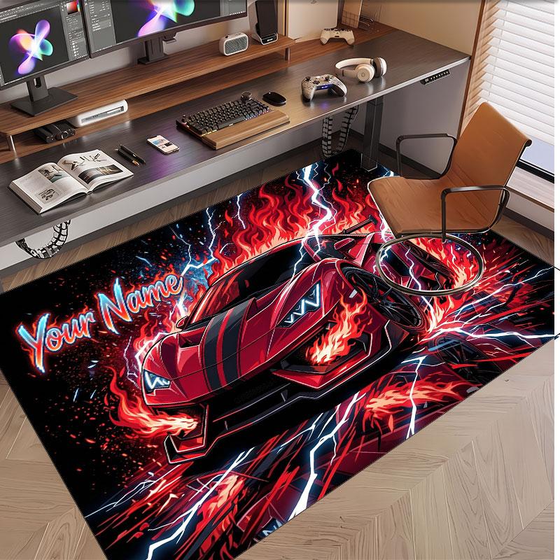 Car Racing Theme Soft Crystal Velvet Rug Custom Name & Text Print Non Slip Floor Rug for Bedroom Living Room