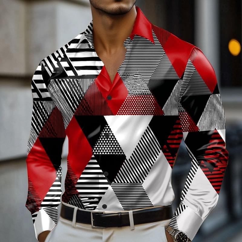 Men's Geometric Color Block Grid Plaid Shirt Long Sleeved Fashion Casual Vacation Daily Wear Turndown 3D Print Button Up Shirts