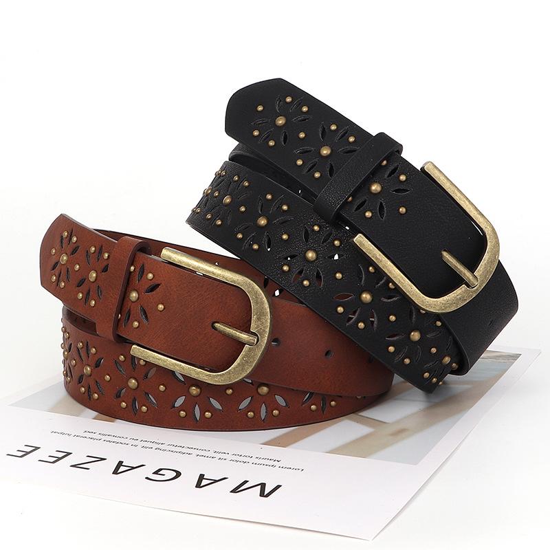 Women S Vintage Belt Hollow Flower Rivet Decorative Belt For Jeans Dress Dual Color