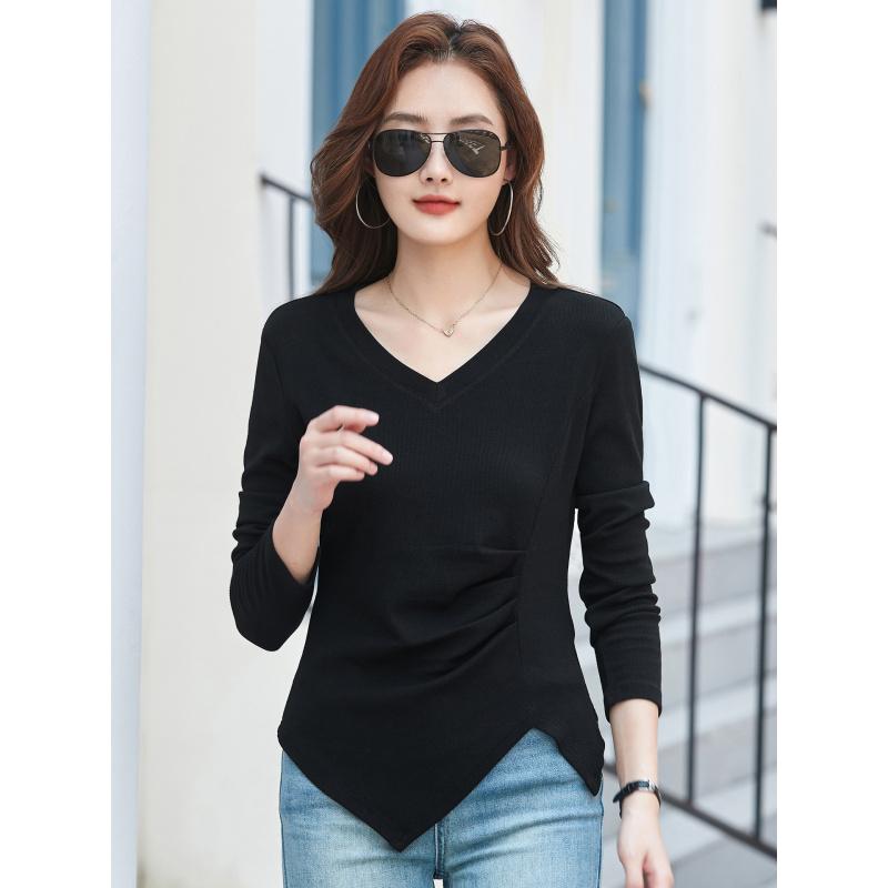 Autumn New Long Sleeve Irregular Waist T-Shirt Versatile Solid Color Slimming Elegant Women's Top