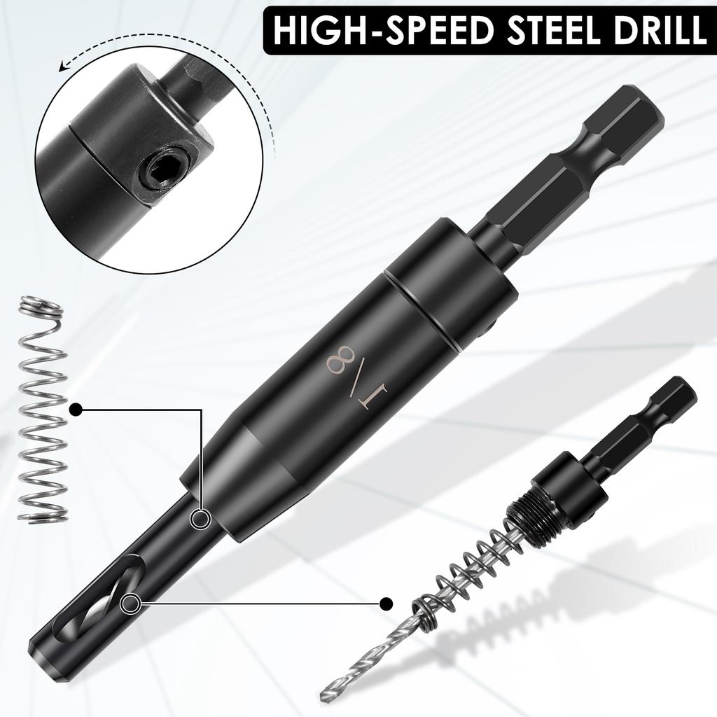 Self Centering Hinge Drill Bit Set with 10 Twist Drill Bits 1/4” Quick Change Hinge Center Drill Bits Hex Key for Woodworking
