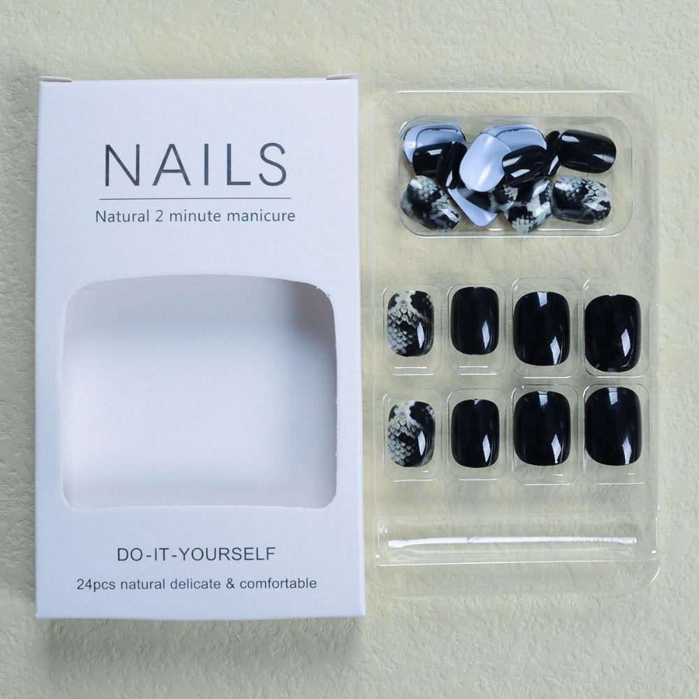 Short Round False Nails Black Snake Skin Nail Tips Fashion Fake Nails  for DIY