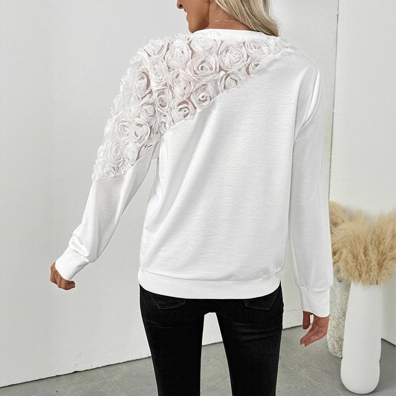 Ein neuer Stil von elegantem und unverwechselbarem dreidimensionalem Rosendekor Langärmeliges einfarbiges Sweatshirt für Damen