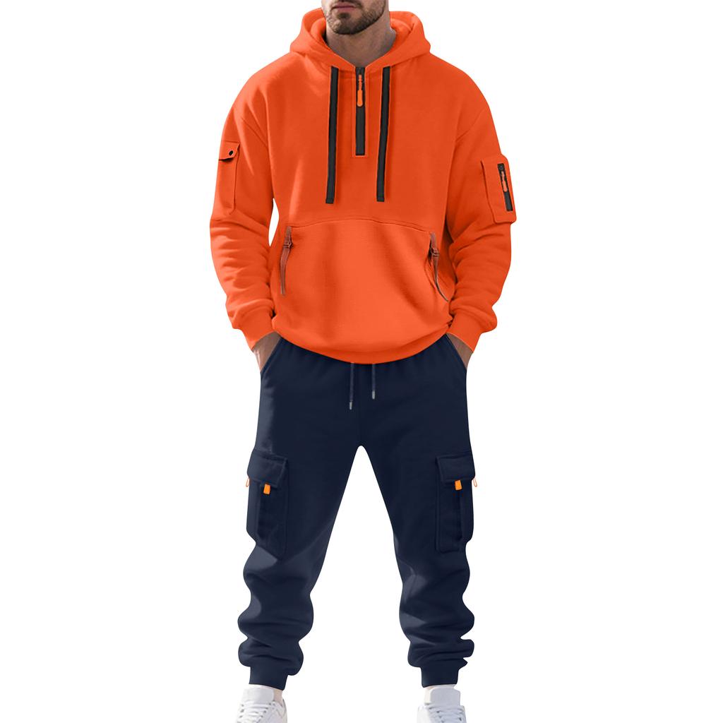 Men's Solid Color Casual Suit Loose Sports Hooded Sweatshirt With Pockets Multi Pocket Overalls Suit