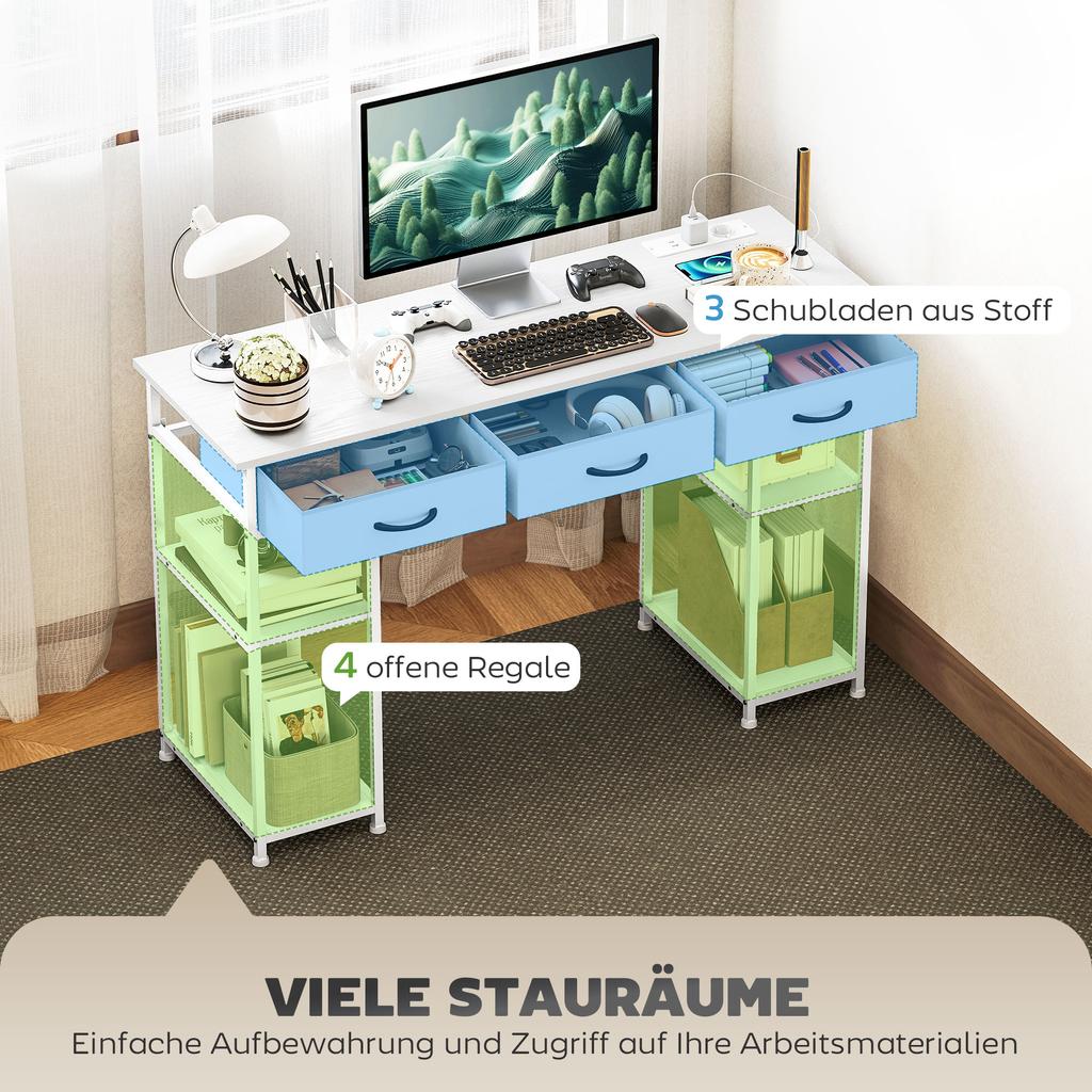Desk Kitchen Table with 2 USB Charging Ports 2 Power Outlets Adjustable Shelves 3 Fabric Drawers 120x40x76 cm White