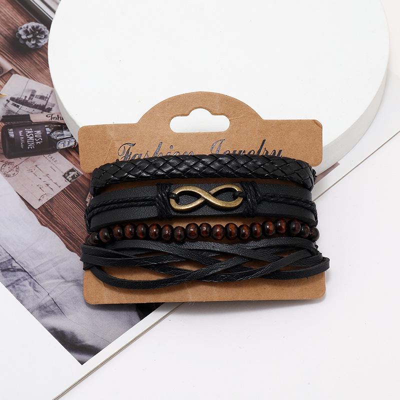Trendy Infinity Wood Bead & PU Leather Bracelet Set: Retro Multi-Layer Artistic Jewelry