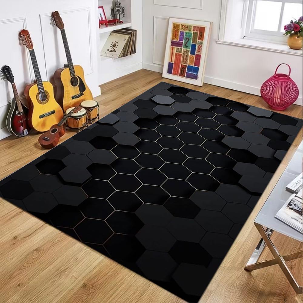 

Tech Style 3D Honeycomb Geometric Rug Dark Blue Black Gold Line Visual Effect Non Slip Carpet for Gaming Room Living Room 40x60CM
