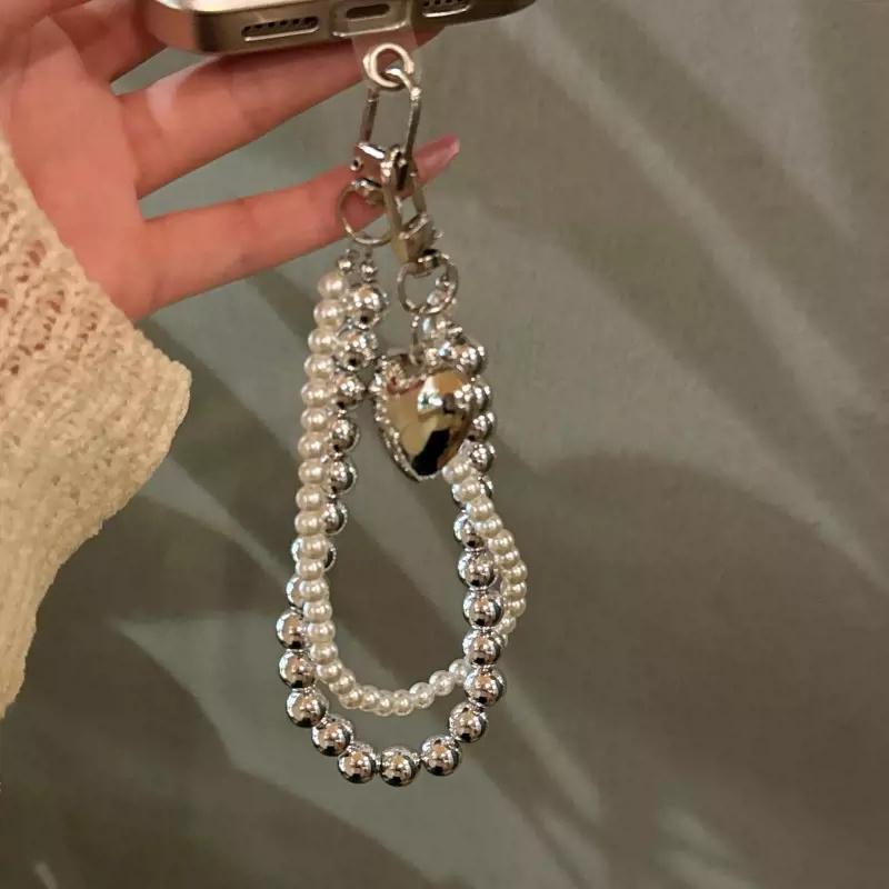 Bow Pearl Beaded Keychain Bracelet Lanyard Phone ZY Charm Cute Love Heart Mobile Phone Camera Wrist Strap Anti-Lost Chain Other