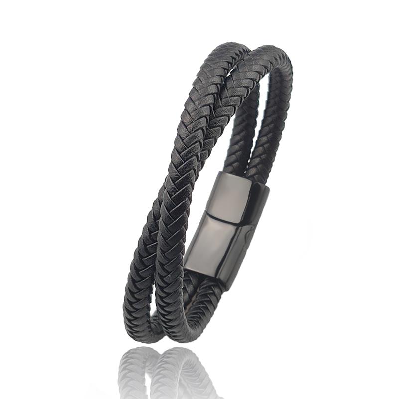 Titanium Steel Bracelet Double Layer Brown Black Leather Braided Rope Man High Quality Stainless Steel Magnetic For Women Gift