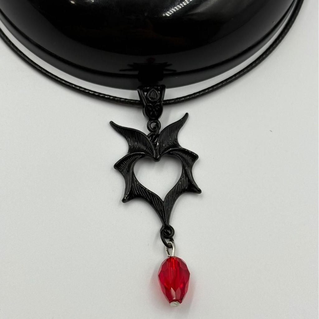 Gothic Ruby Heart Bat Wing Pendant Necklace