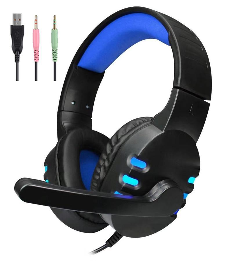 

Проводная игровая гарнитура A68 с подсветкой и мощными басами для киберспорта и игрового продвижения luminous version double plug + USB синий/чёрный