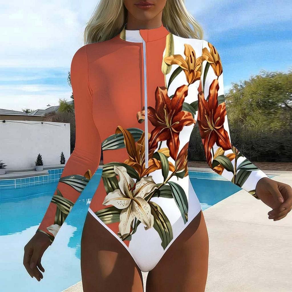 Women Long Sleeve One Piece Swimsuit Zip Front Rose Flower Print Rash Guard Surfing Bathing Suit