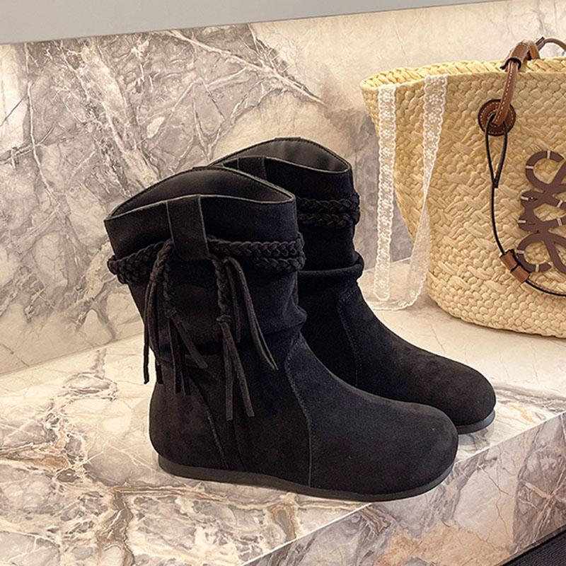 Fashion Short Boots Women's 2025 Autumn New Vintage Suede Casual Botas for Women Solid Tassel Flat Bottom Females Shoes Solid Botines