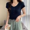 Blue Gentle Right Shoulder Short-sleeved T-shirt for Women Spring and Summer New Style Half Open Collar Western Style Slimming Bottoming Threaded Top