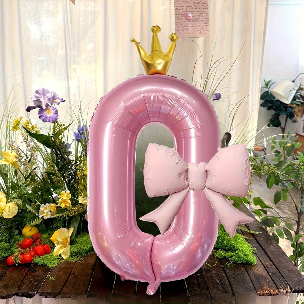 Pink Crown-Shaped Number Balloons And Pink Bow-Shaped Foil Balloons, for Decorating Birthday Parties, Anniversaries Celebrations