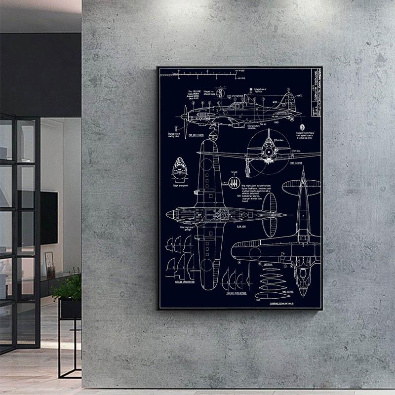 Modern Black and White Wall Art Poster Airplane Industrial Drawings Blueprint Canvas Paintings Pictures for Interior Home Decor