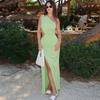 Women’s Elegant One Shoulder Maxi Dress, Ruched Bodycon Evening Dress with Side Cutout and Draped Detail, Sleeveless Floor Length Dress for Party
