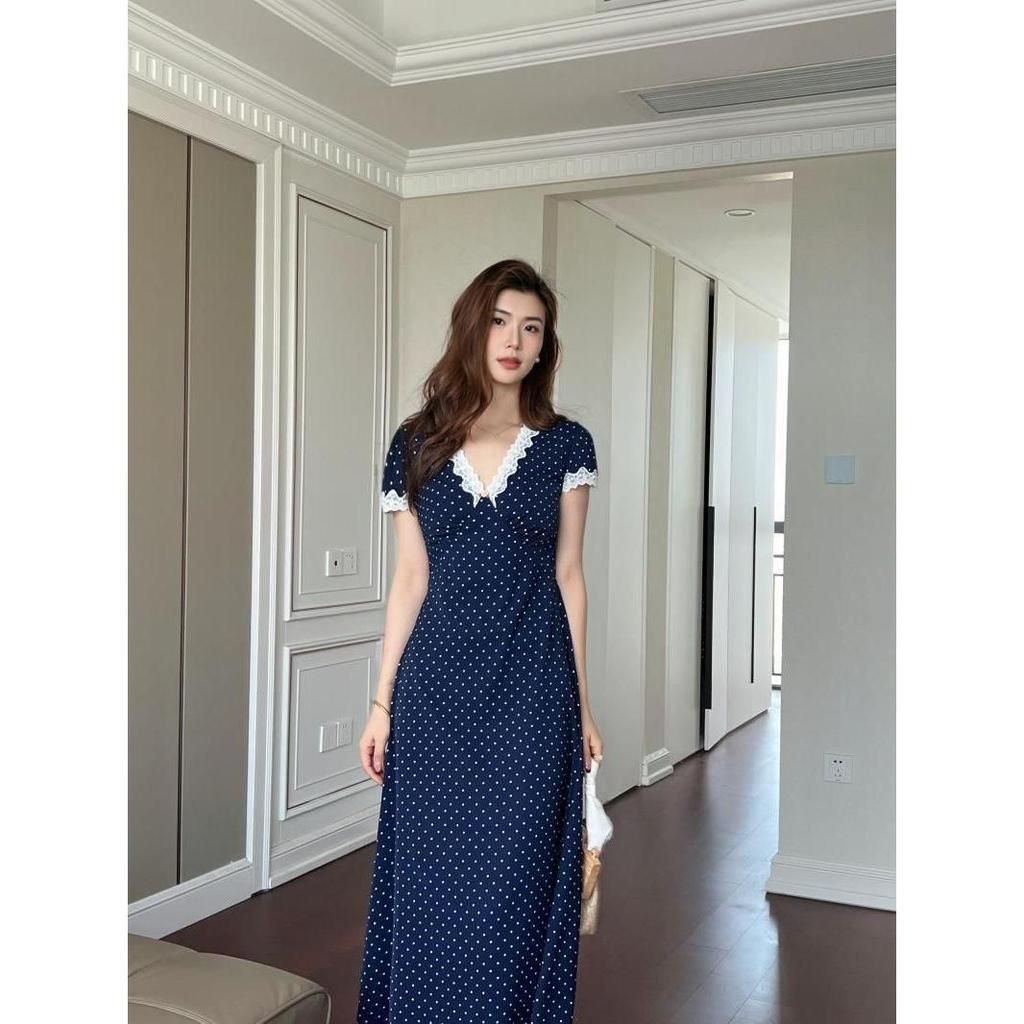 Women's Summer French Retro Polka Dot Dress with Lace Trim and Waist-Cinching Design