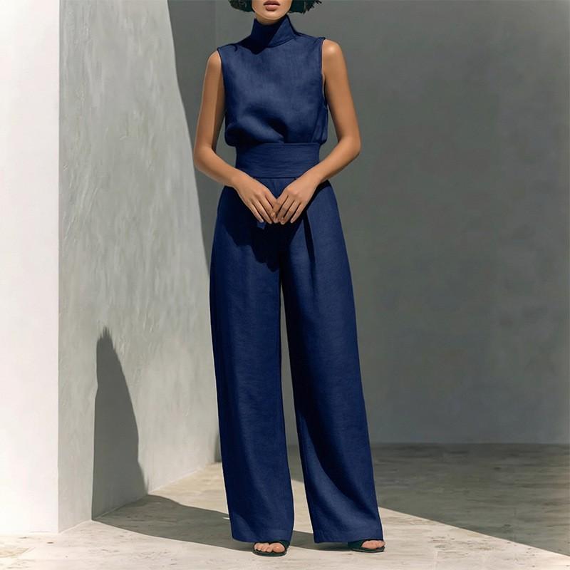 Womens 2026 Casual Solid Color Sleeveless High-Waist Straight Leg Pant Set Elegant Office Wear