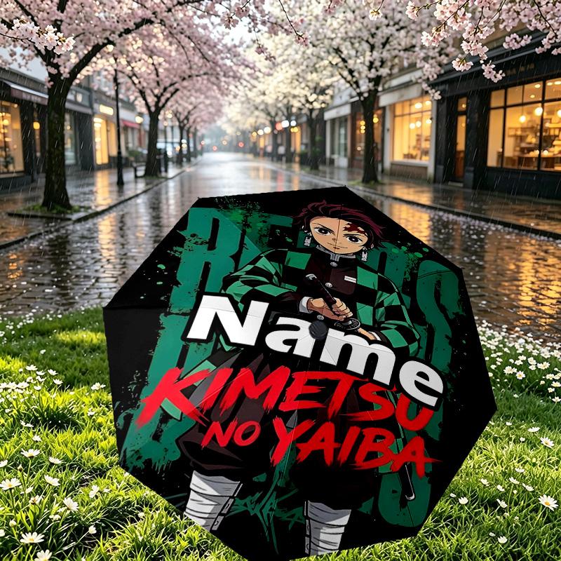 Custom Name Personalized Demon Slayer Print Umbrella, Auto Open Close, 8‑Rib Sturdy Frame, Commute Camping Hiking Use, Birthday Gift