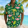 Men's Flamingo & Fruit Plant Print Short Sleeve Shirt, Spring Summer Fun Vacation Turn-Down Collar Blouse, Loose Casual Top