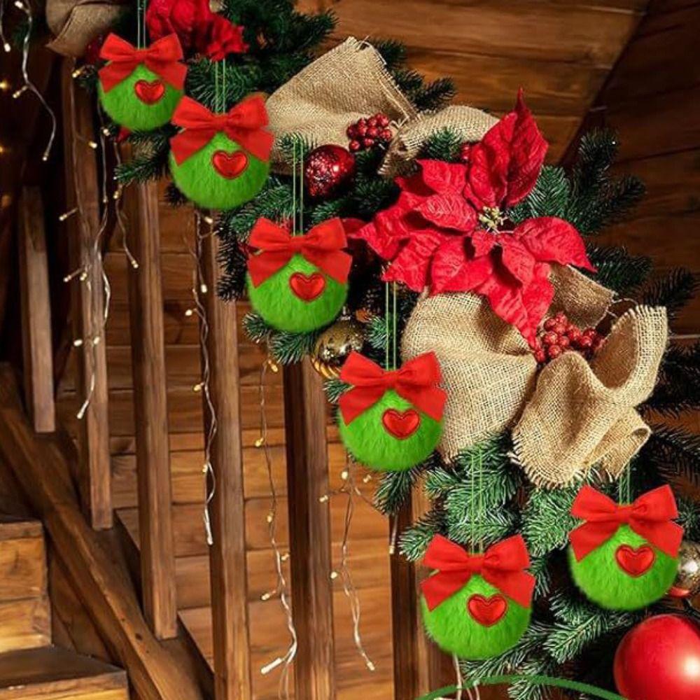 12Pcs Furry Green Plush Christmas Balls Soft Christmas Tree Hanging Decoration  Door